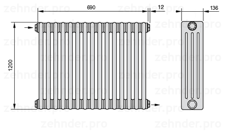 Схема (чертеж) Радиатор Zehnder Charleston 4120/15 №1670 Белый глянцевый RAL 9016